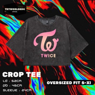 Tryworldbdg เสื้อครอปท็อป "TWICE" อย่างเป็นทางการ | เสื้อครอป โชว์หลัง | เสื้อยืดท็อปส์ พิมพ์ลาย Twice WASHING VINTAGE TEE CROP