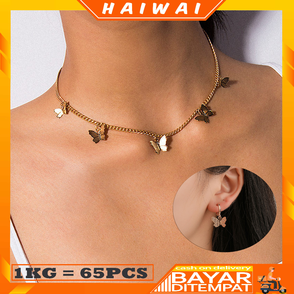 HaiWai สร้อยคอโซ่ผู้หญิงและต่างหู BUTTERFLY จี้สไตล์เกาหลีแฟชั่นผู้หญิงสร้อยคอ Titanium Alloy AC07