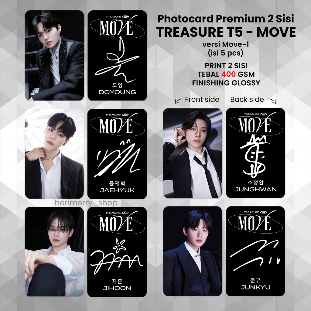 (CONTAINS 5 ชิ้น) TREASURE T5 MOVE Photocard - พรีเมี่ยม Photocard 2 ด้าน Kpop Card Merch Unofficial Teume