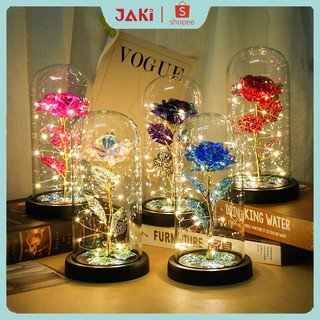 JAKI Kaca Penutup Diawetkan Bunga Mawar Ornamen mawar Hadiah Terbaik Kemasan Kotak Hadiah Lampu LED