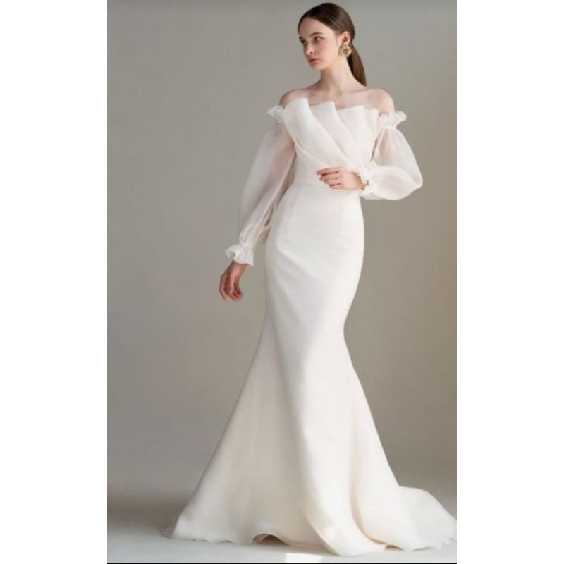 701718 Longdress Beauty Sabrina Party Gown Scuba Titanium Organza Pre Wedding เพื่อนเจ้าสาว