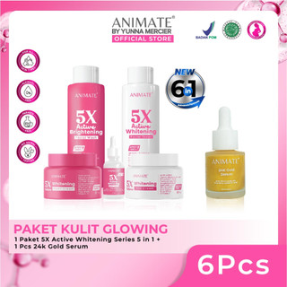 [6pcs] Paket Glowing Animate Whitening Series 5in1 +  Whitening Gold Serum 24k 20ml
