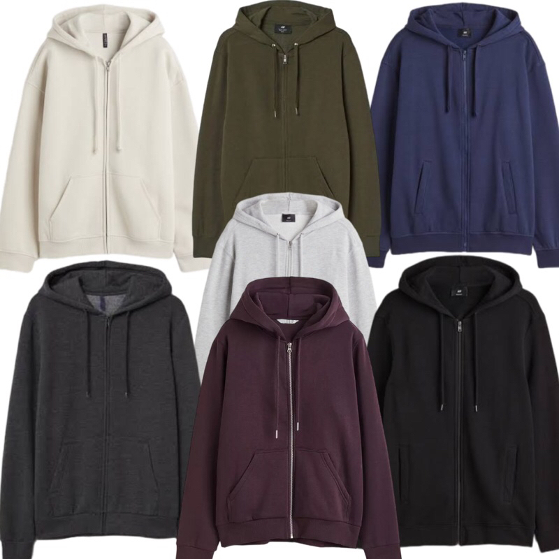 (9.9) Zip Hoodie HM Basic Zipper Plain ผู้ชายผู้หญิงสีดําสีเทาครีม Army Navy Maroon Dark Grey