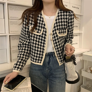 XIAOZHAINV Korean style Cardigan Lengan Panjan Wanita Crop Kotak-kotak Kardigan Crop Vintage Baju Atasan Wanita