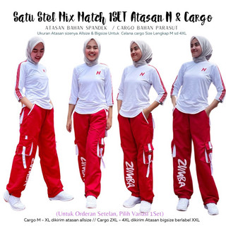 Setelan Senam Olahraga 1Set Mix Atasan N Putih  list Merah dengan Celana Senam Cargo Zumba Merah lis Putih bahan Parasut Size Lengkap