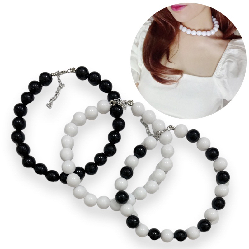 Layla Monochrome Bead Statement Necklace Choker สร้อยคอลูกปัดสีดําและสีขาว