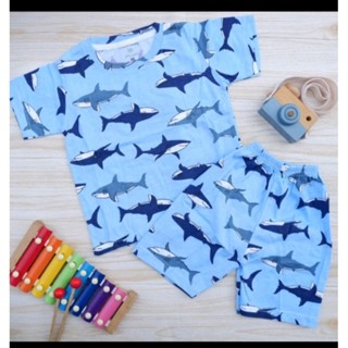 เสื้อยืด พิมพ์ลายฉลาม HK สีฟ้า สําหรับเด็ก อายุ 1-6 ปี