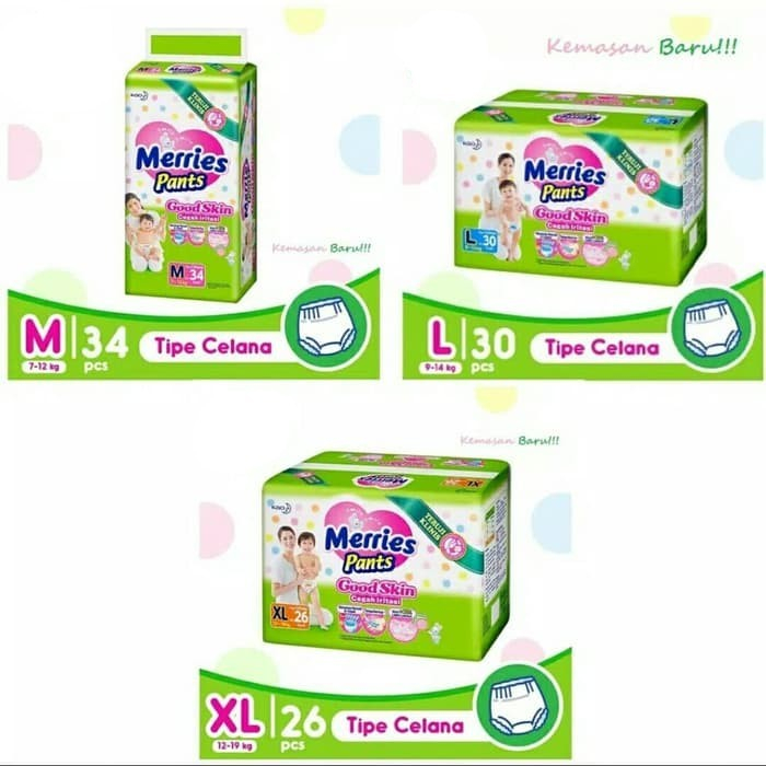 PACKAGE 1 CARTON CONTAINS 4 BALL PAMPERS MERRIES PANTS GOOD SKIN L30/XL26/M34 - MERRIES PANTS GOOD S