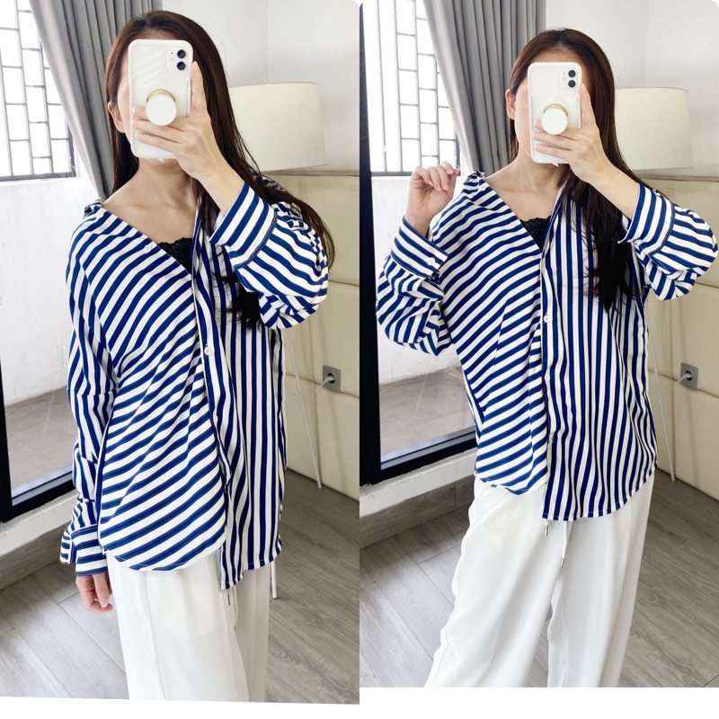 KEMEJA PREMIUM MATERIAL TOP SHIRT / STRIP SHIRT / STRIP LONGSHIRT / เสื้อเชิ้ตแฟชั่นสตรี /