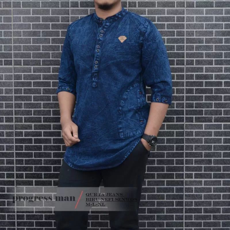 Original KOKO BAJU PROGRESMAN KOKO KURTA DENNIM JEANS ORI KOKO BAJU 3/4 SLEEVES