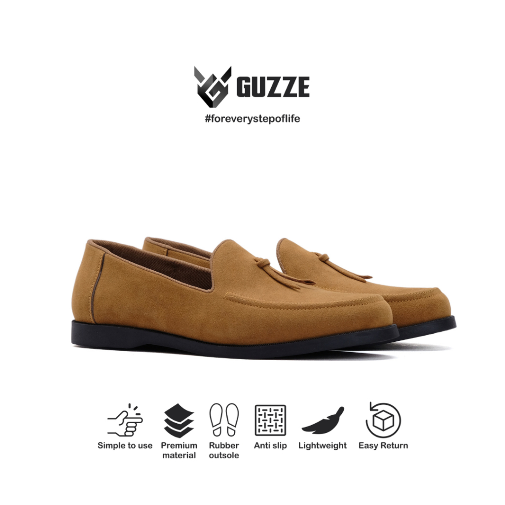 รองเท้าลําลองผู้ชายแบบสวม Guzze Sydney Tan Slop รองเท้าโลฟเฟอร์อย่างเป็นทางการ Suede Work Office College Leisure
