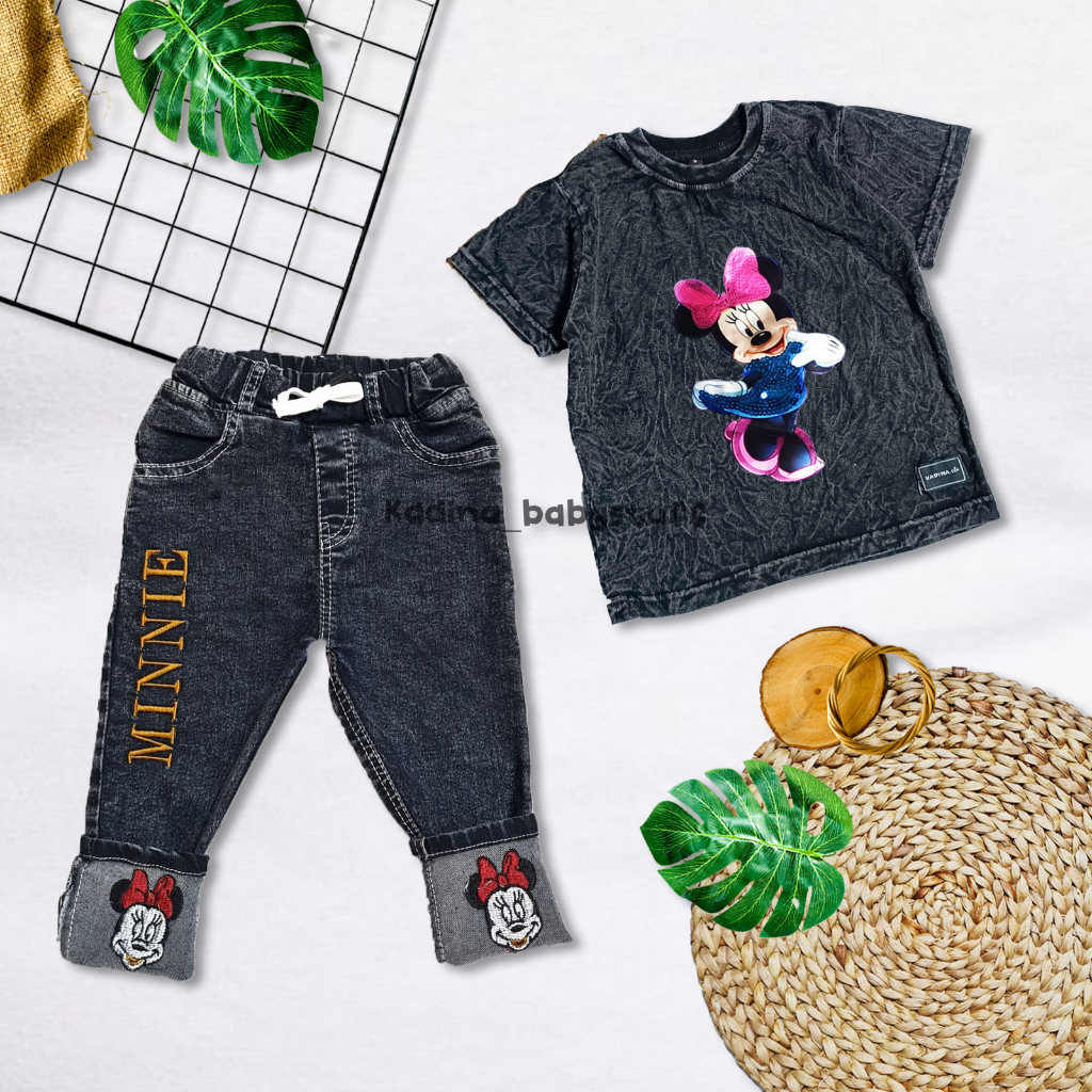 GIRLS JEANS SET/ MINNIE SNOWBLACK EMBROIDERRED PANTS/ MINNIE เสื้อยืด LED อายุ 1-8 ปี