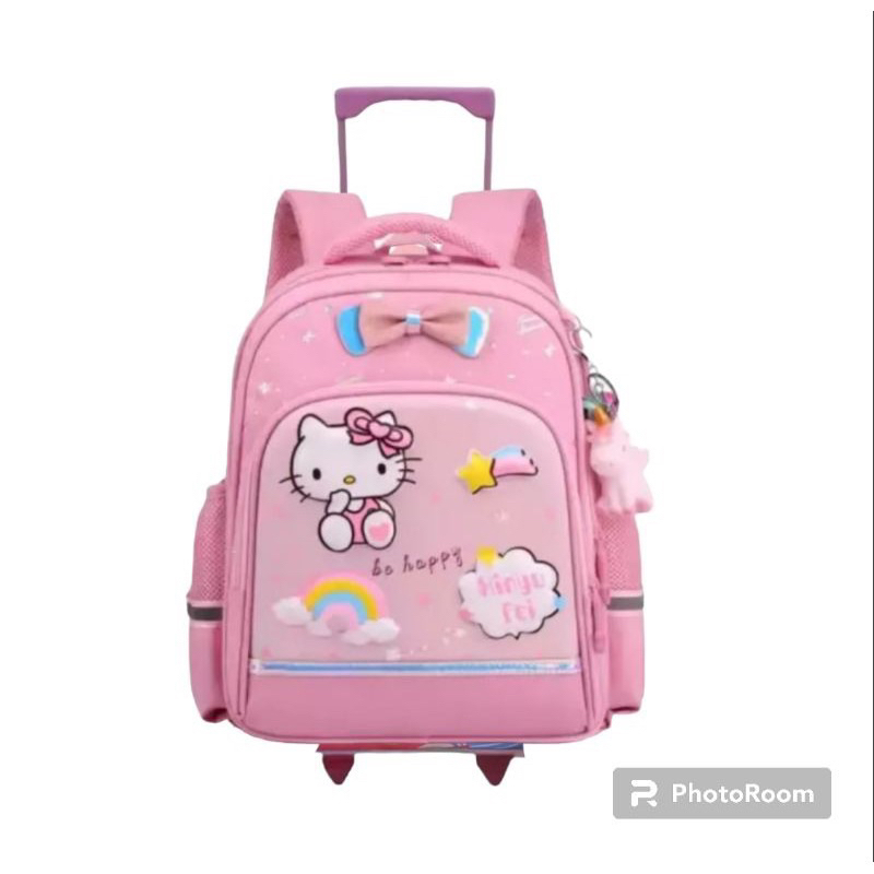 HELLOKITTY RAINBOW Trolley Backpack มีล้อสําหรับเด็กอนุบาลและประถมศึกษาสําหรับเด็กผู้หญิงแฟชั่น