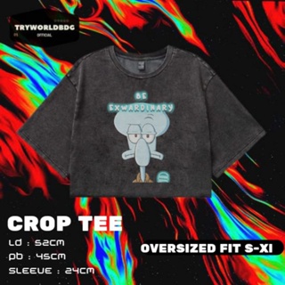 Tryworldbdg เสื้อครอปท็อป "SQUIDWARD" | เสื้อครอป โชว์หลัง | เสื้อยืด CROP TOP SQUAIDWARD BE EXWARDINARY WASHING VINTAGE