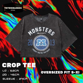 Tryworldbdg OFFICIAL "MONSTERS UNIVERSITY" เสื้อครอปท็อป ขนาดใหญ่ | เสื้อครอป โชว์หลัง | เสื้อยืด CROP MONSTERS UNIVERSITY 2013 ICON WASHING VINTAGE TEE