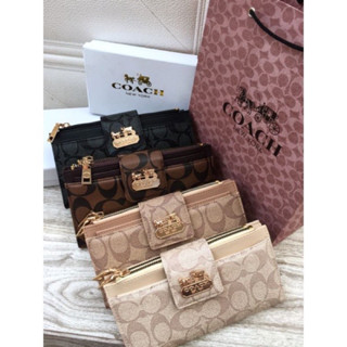 Coach กระเป๋าสตางค์ใบยาว มีซิปสองชั้น นําเข้าจากกระดาษ