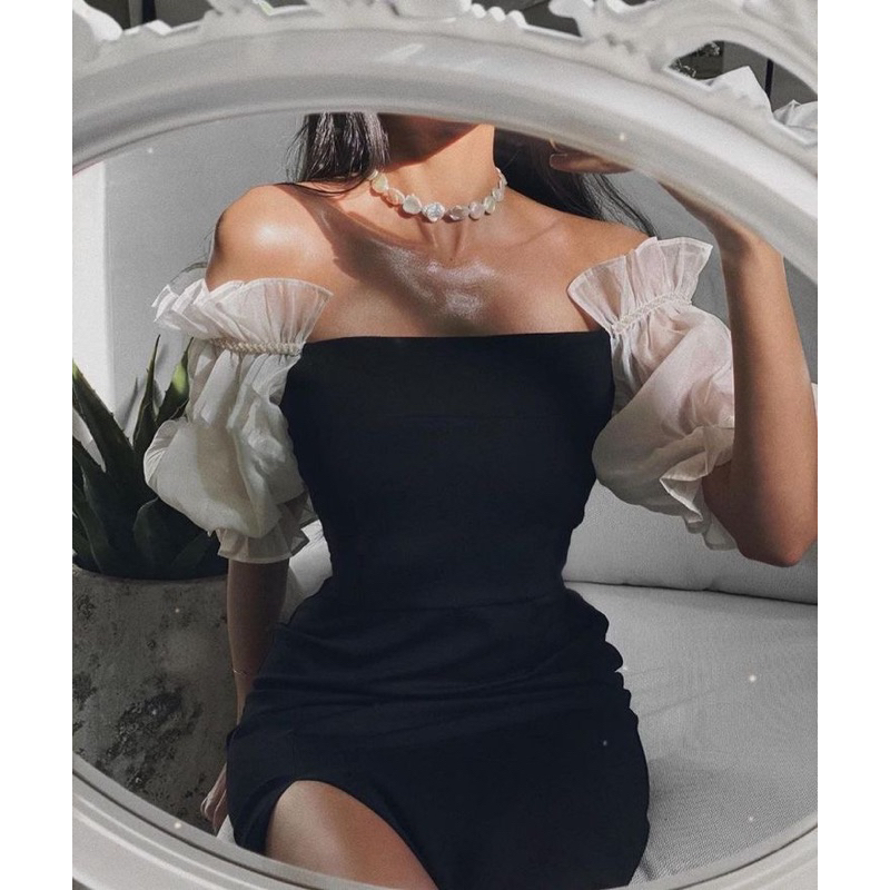 Jihyun ชุด Scuba Elegant เซ็กซี่ปาร์ตี้อาหารค่ํา Sabrina Bodycon Minimalist เกาหลี Chic Classy สไตล์