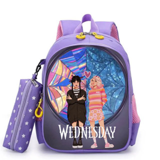 กระเป๋าเป้นักเรียนอนุบาล และประถม คุณภาพพรีเมียม ลาย WEDNESDAY และกล่องดินสอโบนัส