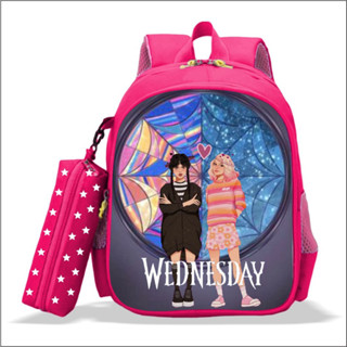 กระเป๋าเป้นักเรียนอนุบาล และประถม คุณภาพพรีเมียม ลาย WEDNESDAY และกล่องดินสอโบนัส