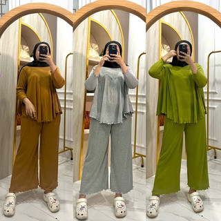 Atachi Setelan Rib Knit Wanita Lengan 7/8 Celana Panjang Baju Atasan Setelan Wanita Dewasa Polos Denacollection