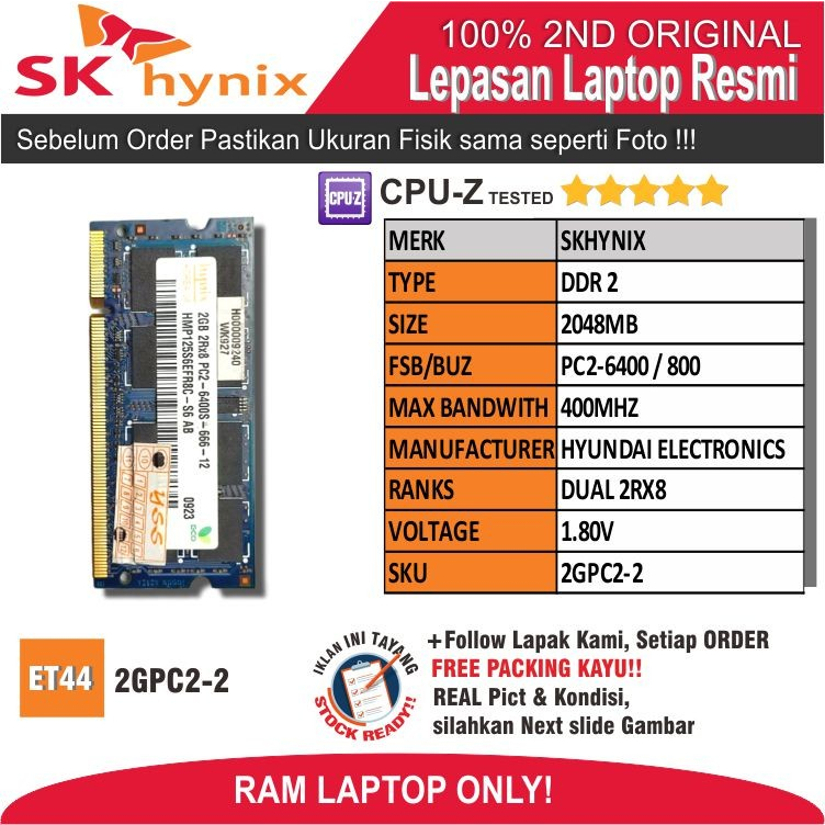 ET44 2GPC2-2 RAM MEMORY แล็ปท็อป SKHYNIX PC2-6400 2048MB DUAL 2RX8