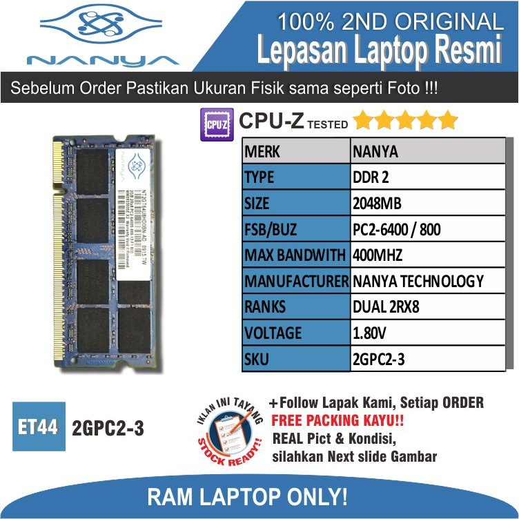 ET44 2GPC2-3 RAM MEMORY แล็ปท็อป NANYA PC2-6400 2048MB DUAL 2RX8