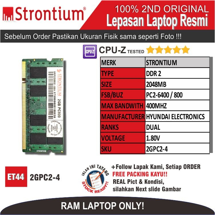 ET44 2GPC2-4 RAM MEMORY แล็ปท็อป STRONTIUM PC2-6400 2048MB DUAL