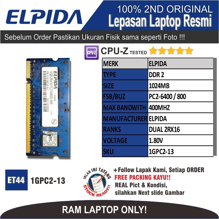 ET44 1GPC2-13 RAM MEMORY RAM แล็ปท็อป ELPIDA PC2-6400 1024MB DUAL 2RX16