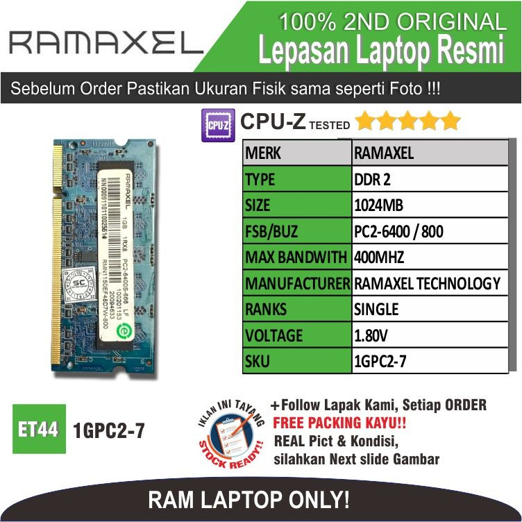 ET44 1GPC2-7 RAM MEMORY RAM แล็ปท็อป RAMAXEL PC2-6400 1024MB SINGLE