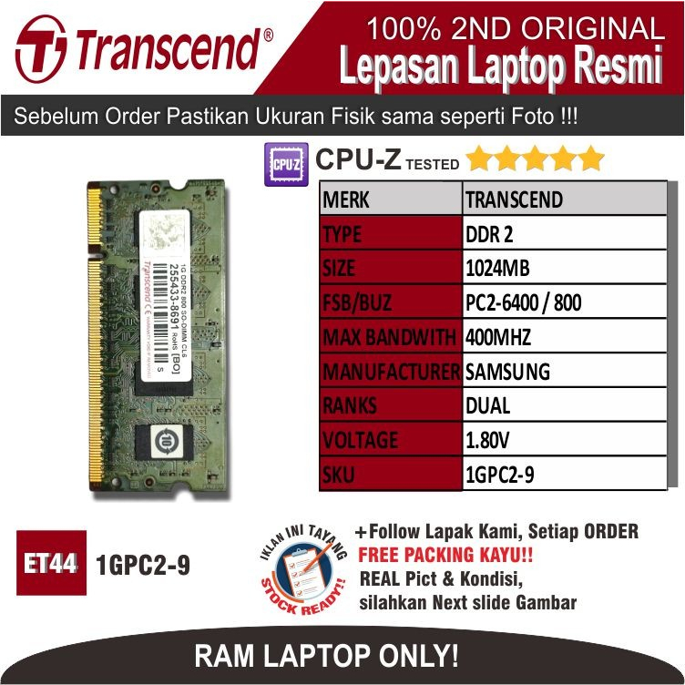 ET44 1GPC2-9 RAM MEMORY RAM แล็ปท็อป TRANSCEND PC2-6400 1024MB DUAL