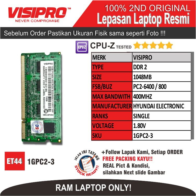 ET44 1GPC2-3 RAM MEMORY แล็ปท็อป VISIPRO PC2-6400 1024MB เดี่ยว