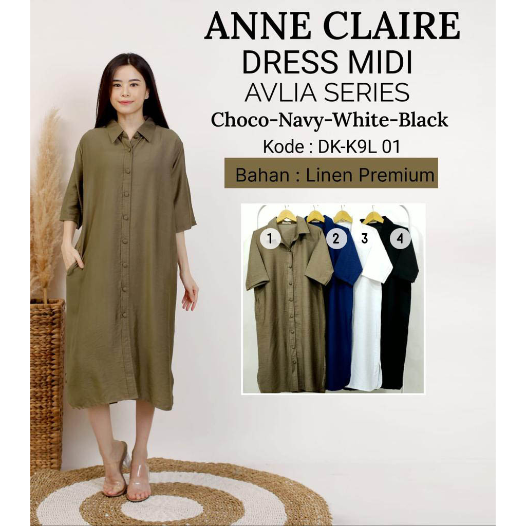 ชุดเดรสคอปกผ้าลินิน (DKK9L) Anne Claire ทุกขนาดปุ่มเต็มพยาบาลที่เป็นมิตรผู้ใหญ่แฟชั่นผู้หญิงสบายปัจจ