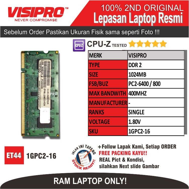 ET44 1GPC2-16 RAM MEMORY RAM แล็ปท็อป VISIPRO PC2-6400 1024MB SINGLE