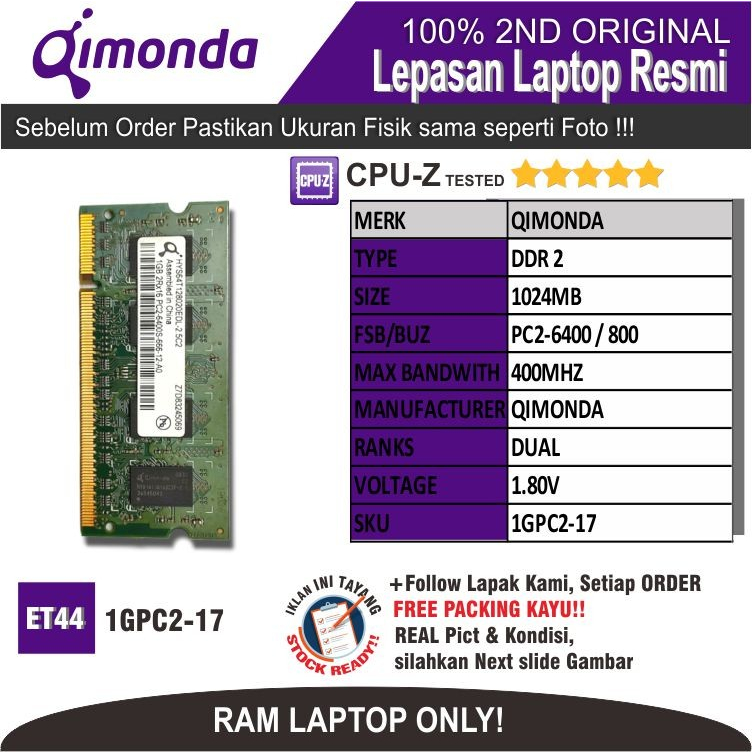 ET44 1GPC2-17 RAM MEMORY RAM แล็ปท็อป QIMONDA PC2-6400 1024MB DUAL