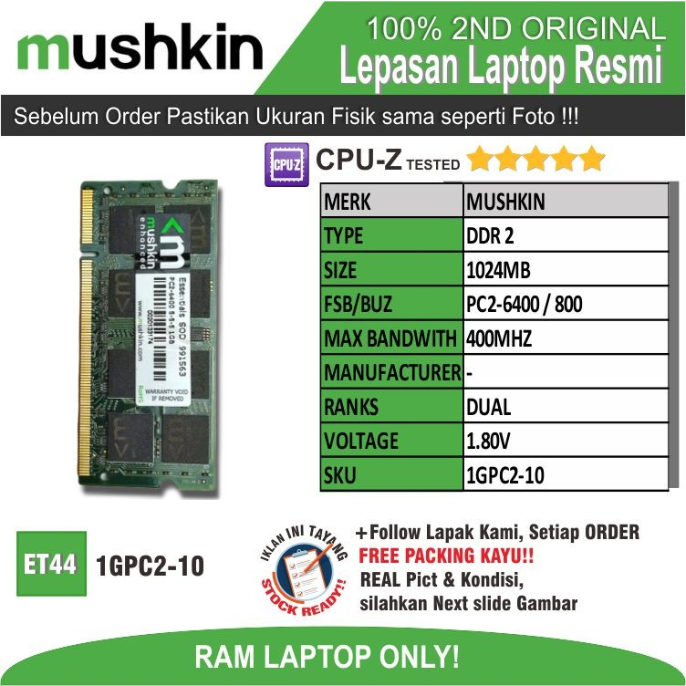 ET44 1GPC2-10 RAM MEMORY RAM แล็ปท็อป MUSHKIN PC2-6400 1024MB DUAL