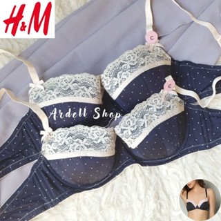 Ch HM เสื้อชั้นในสตรี แบบมีโครง ลายจุด ลูกไม้ สีกรมท่า คัพ 36C 38B