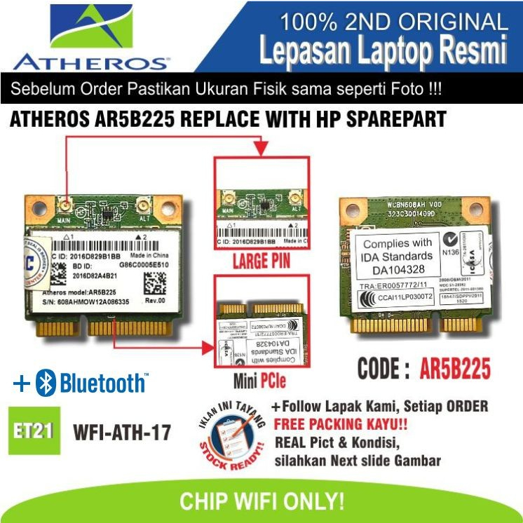 ET21 WFI-ATH-17 ชิป WiFi ANTHEROS AR5B225 รีเซ็ตด้วยชิ้นส่วน HP SPARE