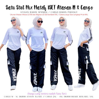Setelan Senam 1Set Mix Match Atasan N Petir Putih Lis Hitam dengan Cargo Zumba Parasut Hitam Lis Putih Untuk Olahraga Wanita Aerobik Fitness Gym Outfit Running & Zumba