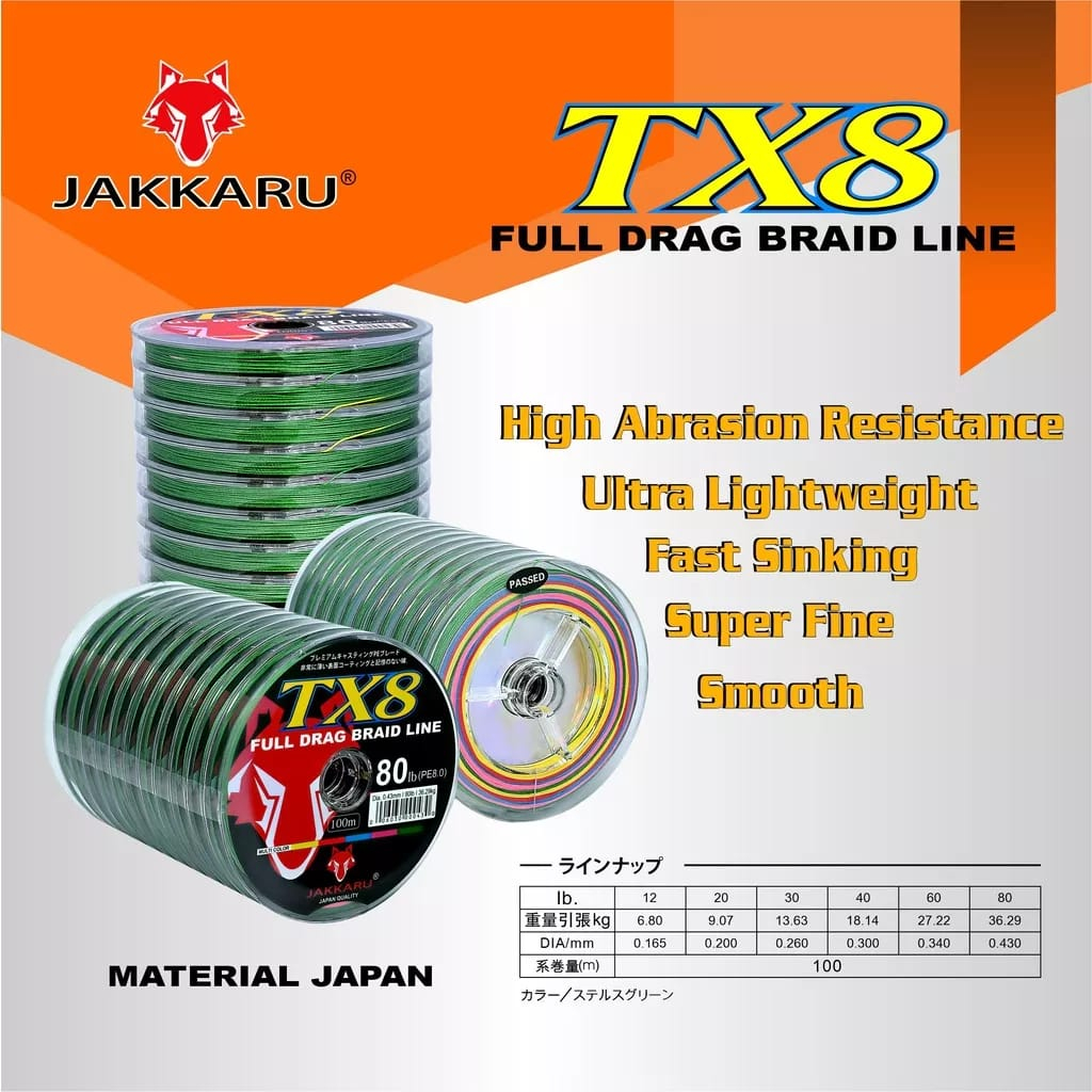 Jakkaru TX8 ด้าย PE 1.0-0.16mm/16lb, PE 2.0-0.020mm/20lb, PE 3.00.26mm/30lb,PE 4.0-0.030mm/40lb