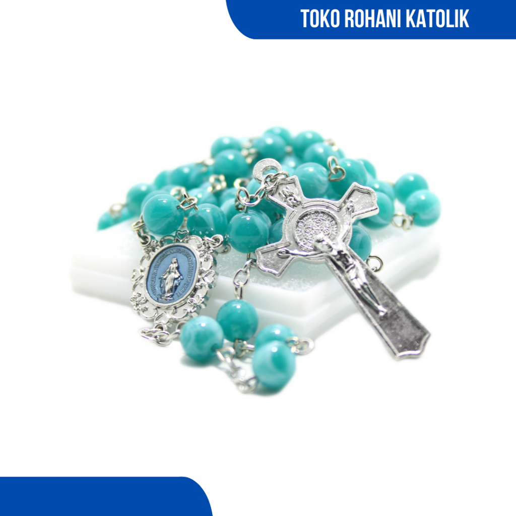 HIJAU GREEN MARBLE ROSARY NECKLACE / CATHOLIC ROSARY NECKLACE / ROSARY NECKLACE / ผู้ชายผู้หญิง CONT