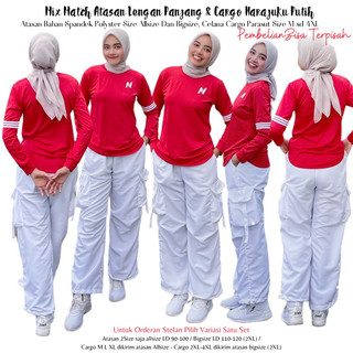 Mix Match Atasan N Lengan Panjang Merah Lis Putih dan Harajuku Putih Bahan Parasut dan Atasan bahan Spandek Polyster Untuk Stelan Olahraga Aerobik Fitness Gym Bisa Unisex Bisa dibeli Satu Stel dan Pembelian Terpisah