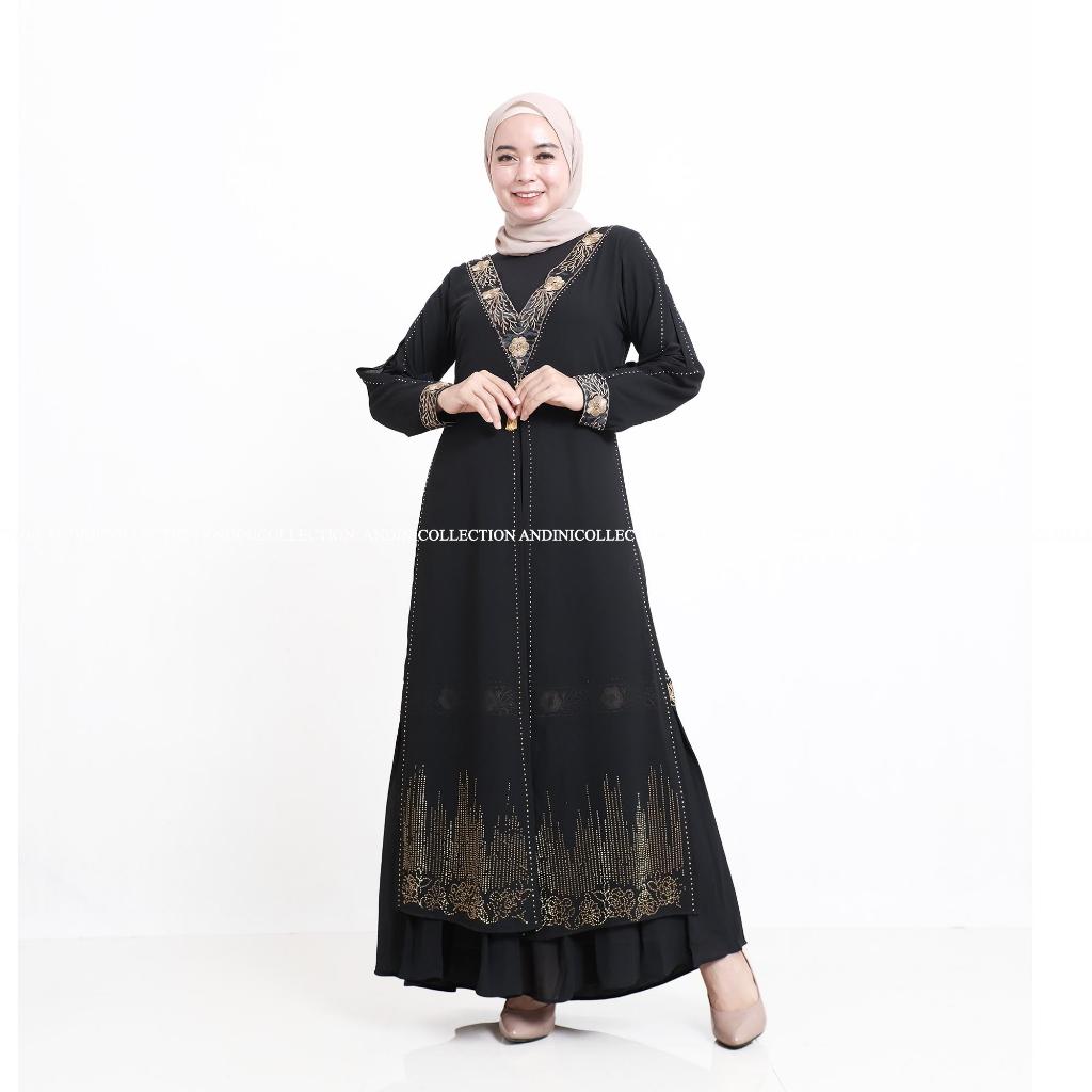 Hitam PUTIH Andinicollection Abaya ตุรกี 156 Amarta สีดําและสีขาวผู้ใหญ่มุสลิมหรูหราเย็บปักถักร้อยและเลื่อม