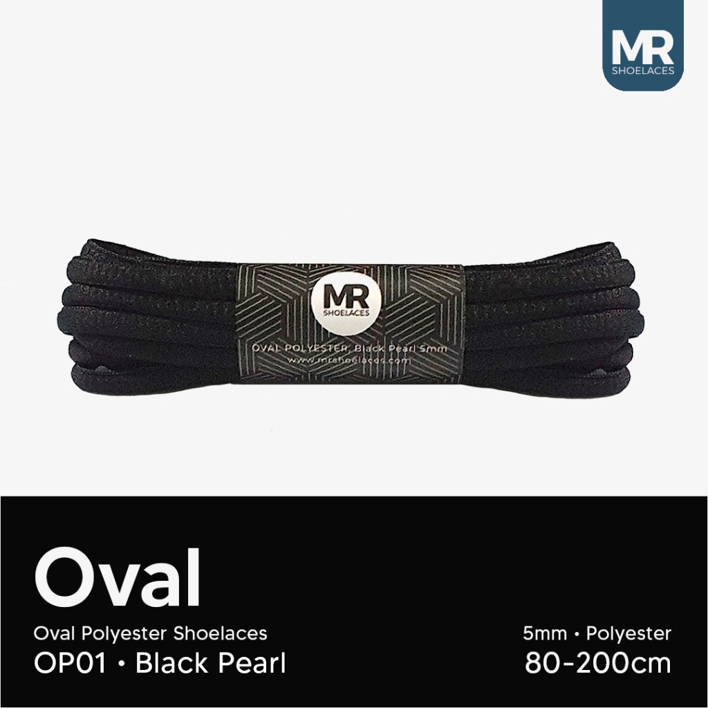 MR Shoelaces OP01 สีดํา (สีดํา) เชือกผูกรองเท้าโพลีเอสเตอร์รูปไข่ 5 มม.-สายยาว 80 ซม. 90 ซม. 100 ซม. 120 ซม. 130 ซม. 150 ซม. 180 ซม. 200 ซม. สําหรับกีฬารองเท้าผ้าใบ – เชือกผูกรองเท้าพรีเมี่ยม – โปรปัง