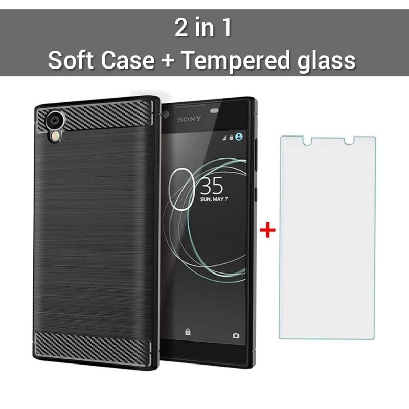 2 in 1 กระจกนิรภัย & Soft Case Sony Xperia L1 Brushed Carbon Fiber Soft กันกระแทก G3312, G3311, G331