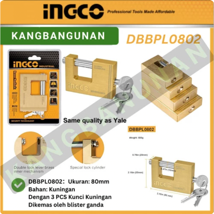 WAREHOUSE BRASS PADLOCK 80mm INGCO Yale คุณภาพ DBBPL0802