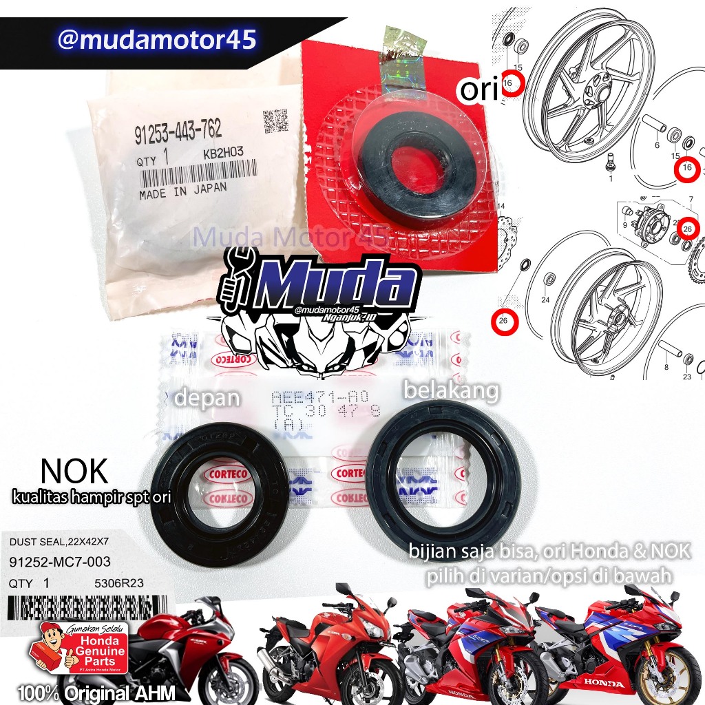 ซีลล้อหน้าหรือด้านหลัง CBR250R CBR250RR 91253-443-762-761 DUST 30X47X8 30 X 47 X 8 9122-MC7-003 9122