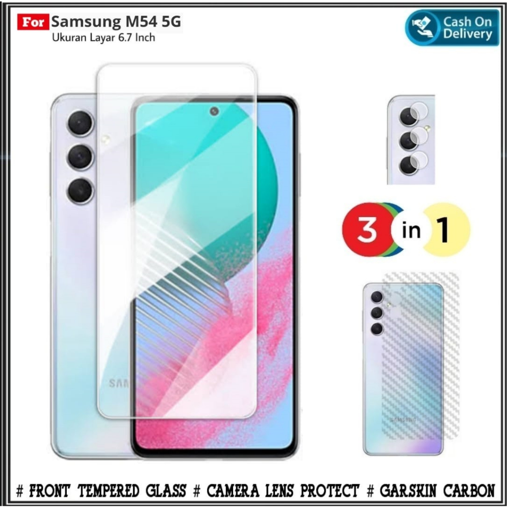 แพ็คเกจกระจกนิรภัย 3-in-1 สําหรับ Samsung M54 5G และ Carbon Garskin + Camera Mondi Store