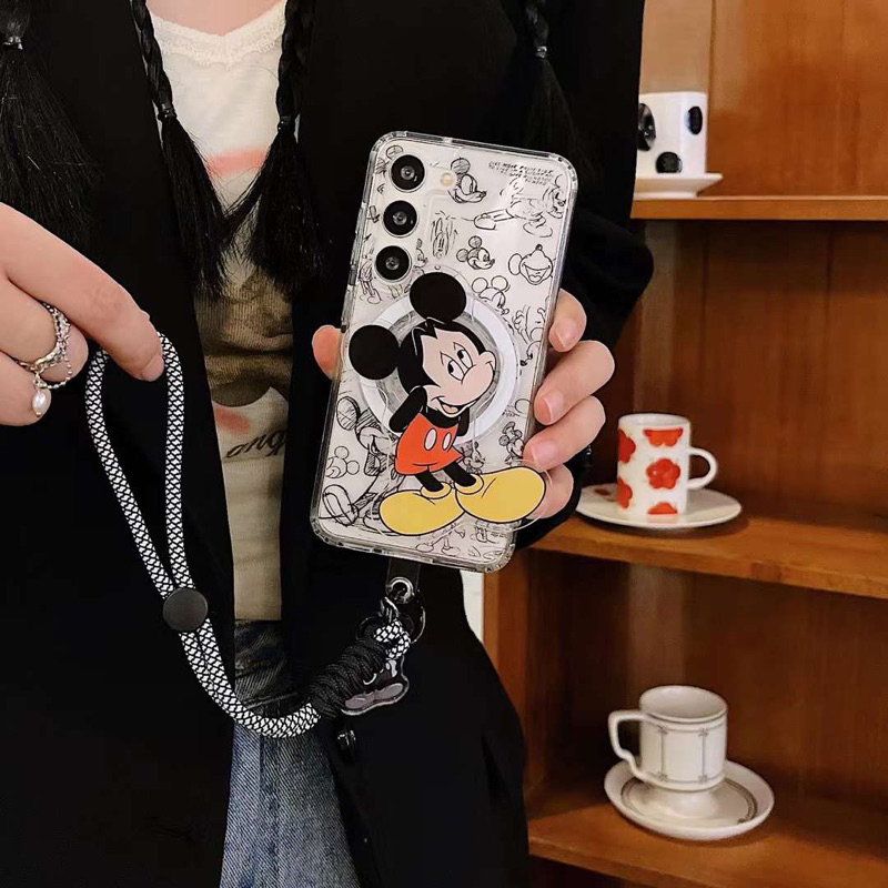 ใหม่น่ารักกรณีมิกกี้เมาส์ Minnie Art วาดการ์ตูน Happy พร้อมโซ่ Samsung Galaxy s24 S24plus s24ultra s
