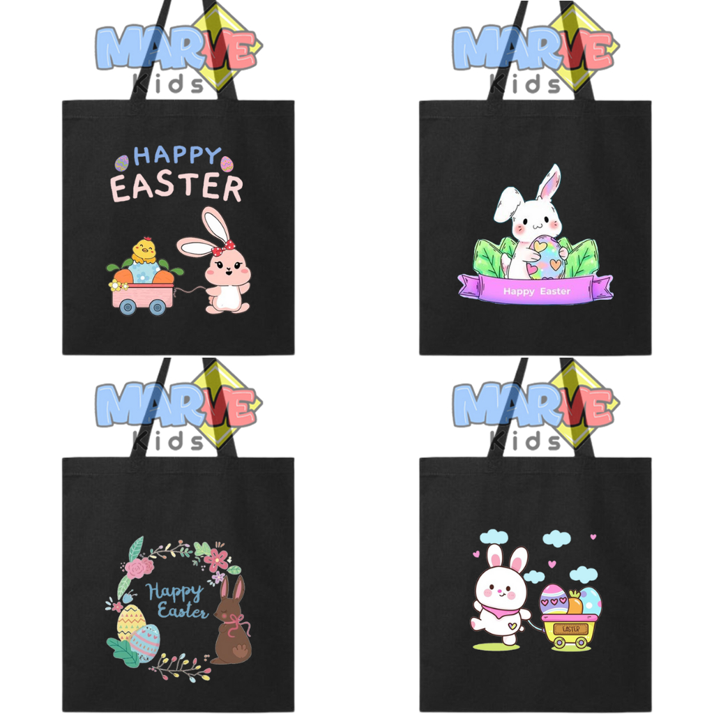 Hitam Totebag กระเป๋าโท้ทสีดํา Happy Easter Easter Easter Goodie Bag ของที่ระลึก Hampers กระเป๋าผ้าใ