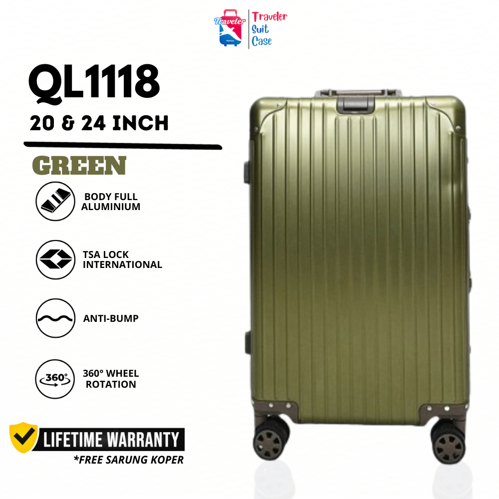 Ql1118 - Sultan 20 &amp; 24 นิ้ว กระเป๋าเดินทางอลูมิเนียม กันน้ํา 4 ล้อ สีเขียว